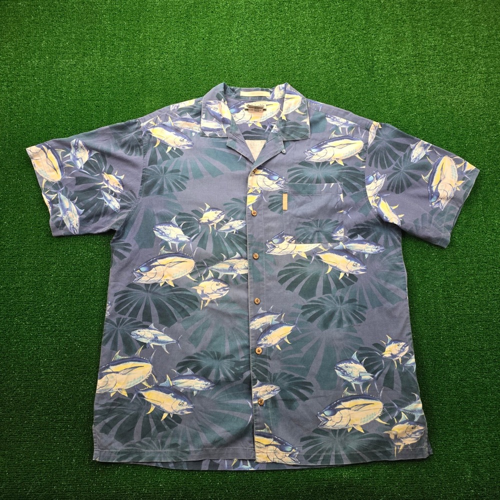 Columbia River Lodge Hawaiian‎ Shirt Mens XL Blue Fish Print Button Up Outdoors